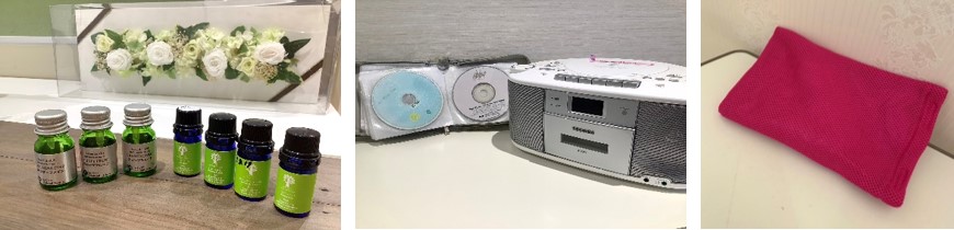 (左)アロマ、(真ん中)音楽プレイヤー、(右)ホットパック