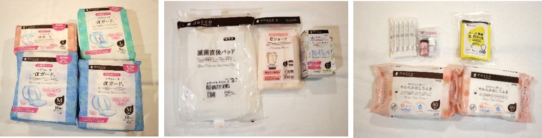 (左)ナプキン、(真ん中)、(右)赤ちゃんのおへそ消毒セット