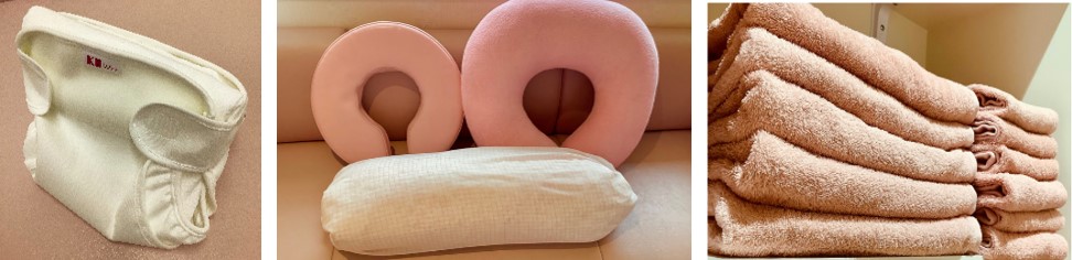 (左)布おむつ、(真ん中)円座／授乳クッション、(右)バスタオル／フェイスタオル